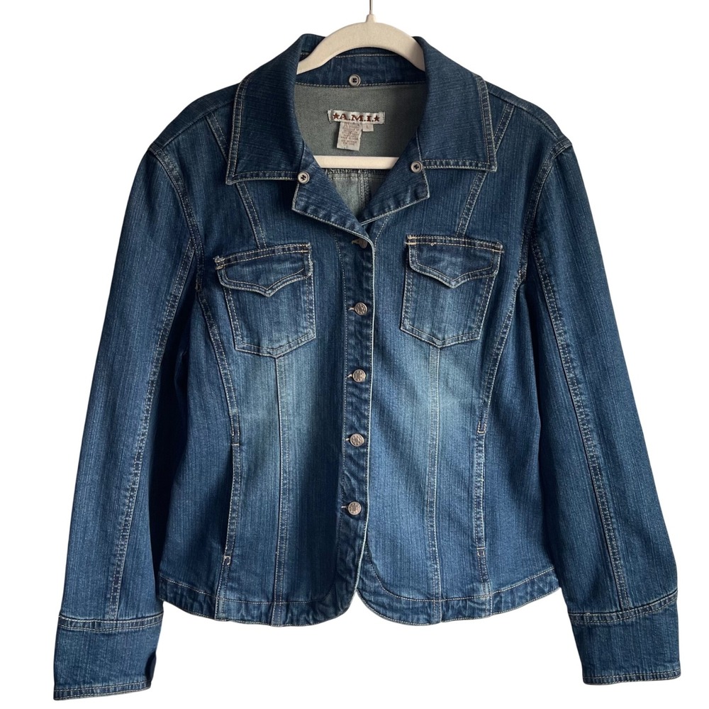 A.M.I.‎ Denim Jean Jacket L Western Snap Front Pockets Rodeo Core Classic Blue